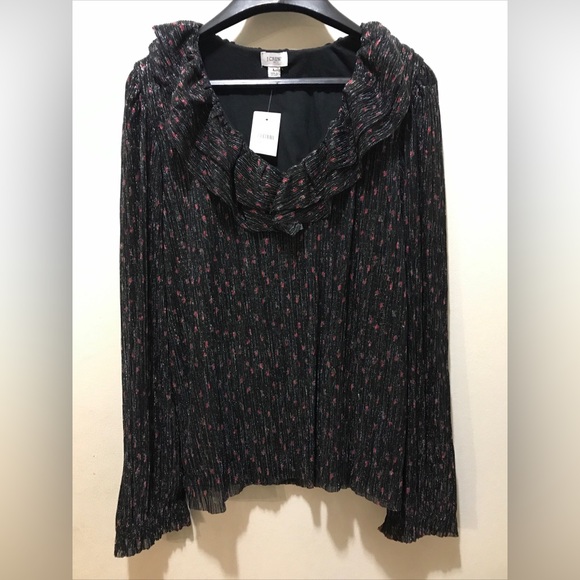 J. CREW SHIMMER LINED RUFFLE V-NECK LONG SLEEVE CAREER BLOUSE TOP L - Picture 6 of 9